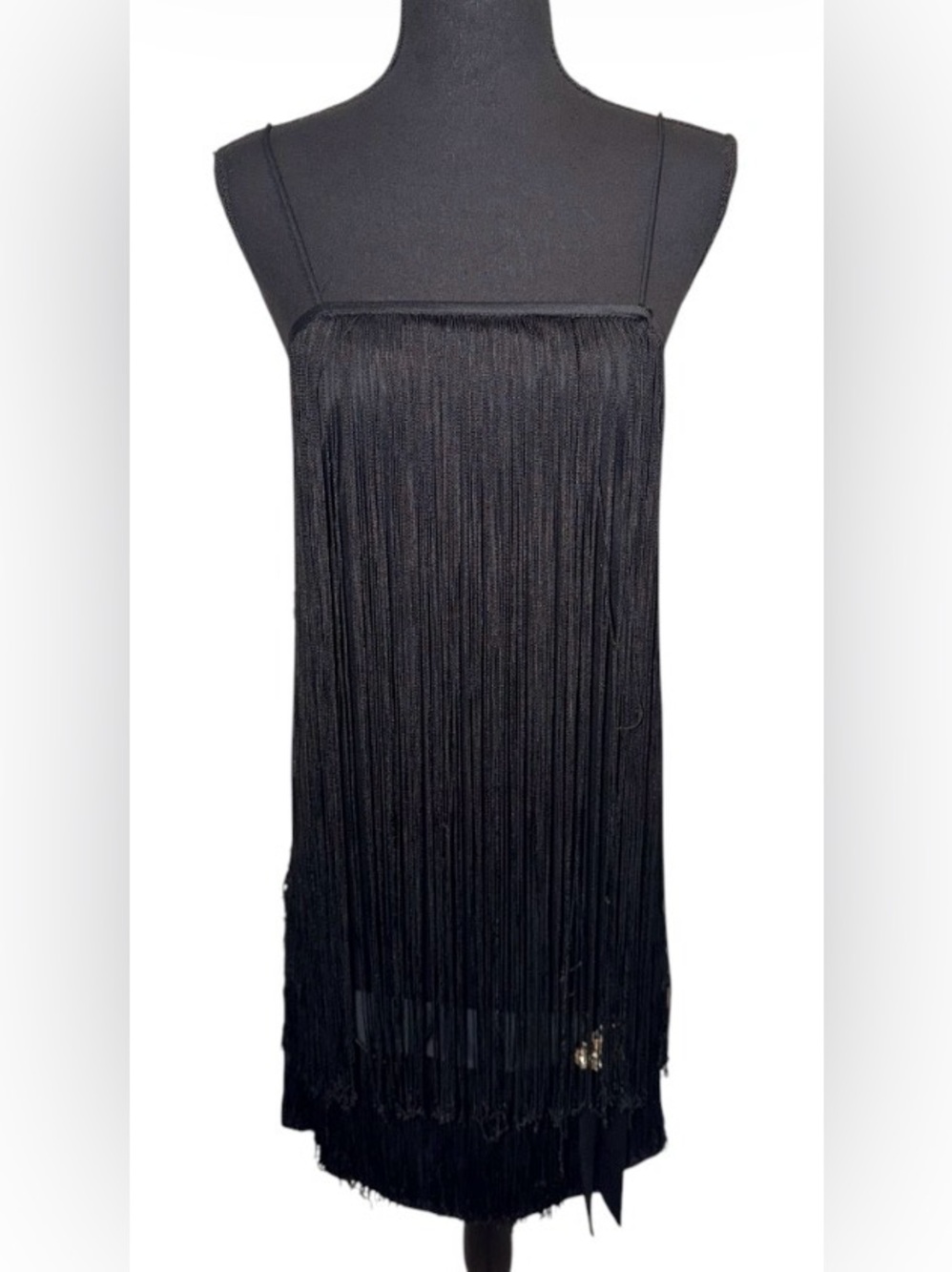 VTG Glenrob LTD 70s Black Tiered Tassel Fringe Sleek Gatsby Flapper Dress Sz 7/8